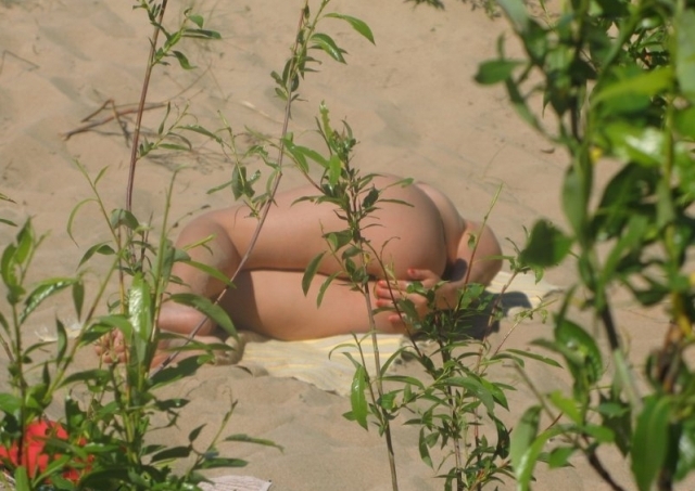 Голая брюнетка загорает на безлюдном пляже порно фото